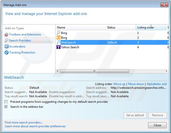 Verwijder websearch.amaizingsearches.info als standaard zoekmachine in Internet Explorer 