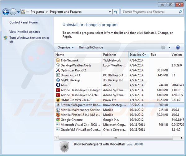 browsersafeguard verwijdering via het Controle Paneel