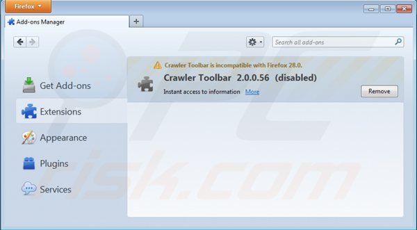 Verwijder de crawler toolbar uit de Mozilla Firefox extensies