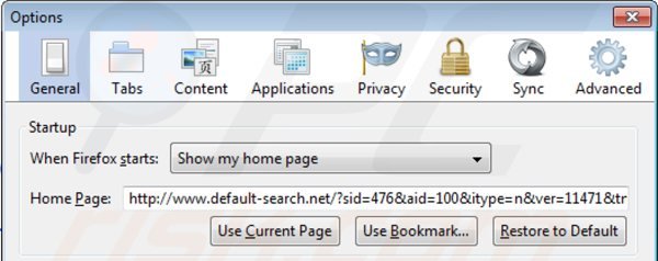 Verwijder default-search.net als startpagina in Mozilla Firefox