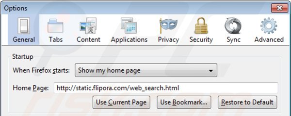 Verwijder static.flipora.com als startpagina in Mozilla Firefox