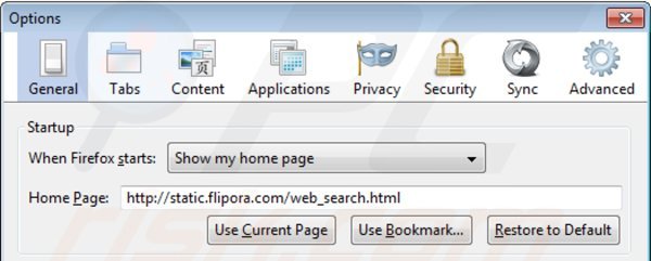 Verwijder static.flipora.com als startpagina in Mozilla Firefox