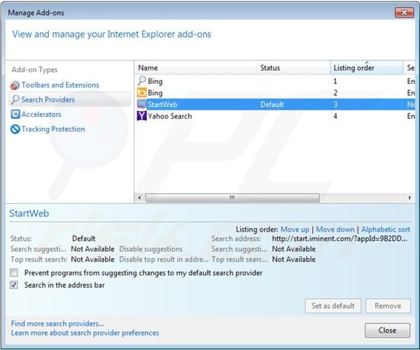 Removing start.iminent.com from Internet Explorer default search engine