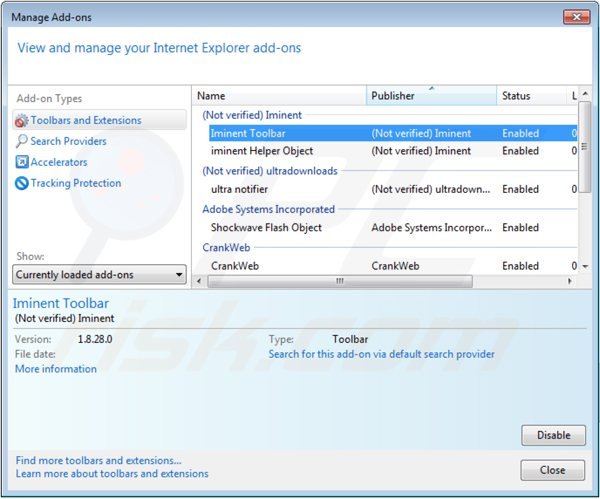 De iminent toolbar verwijderen uit de Internet Explorer extensies