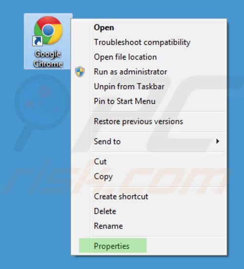 Verwijder key-find.com als doel van de Google Chrome snelkoppeling stap 1