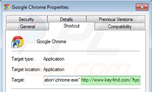 Verwijder key-find.com als doel van de Google Chrome snelkoppeling stap 2