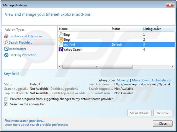 Verwijder key-find.com als standaard zoekmachine in Internet Explorer