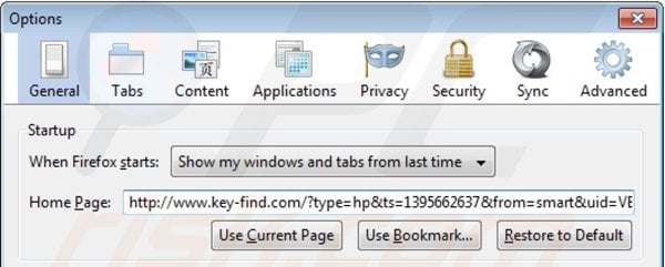 Verwijder key-find.com als startpagina in Mozilla Firefox 