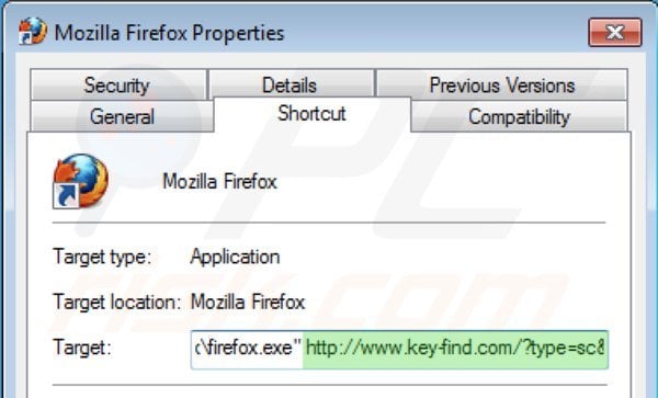 Verwijder key-find.com als doel van de Mozilla Firefox snelkoppeling stap 2