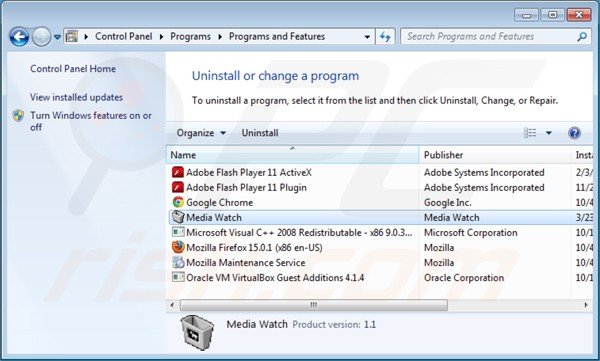 ads by media watch verwijdering via het Controle Paneel