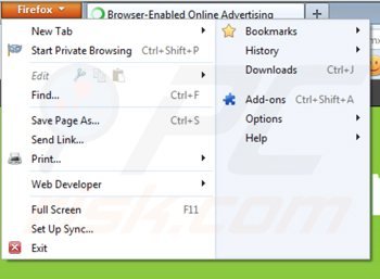 Verwijder de onlinebrowseradvertising advertentiess uit Mozilla Firefox stap 1