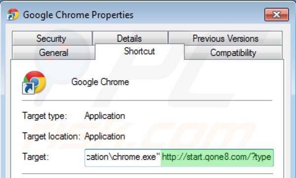 Verwijder start.qone8.com als doel van de Google Chrome snelkoppeling stap 2