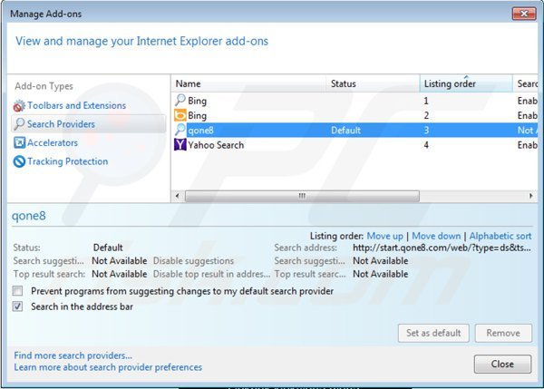 Verwijder start.qone8.com als standaard zoekmachine in Internet Explorer