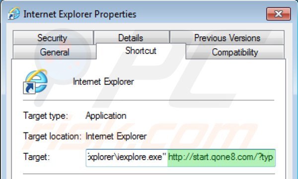 Verwijder start.qone8.com als doel van de Internet Explorer snelkoppeling stap 2