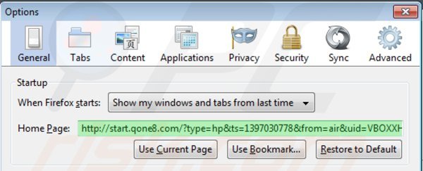 Verwijder start.qone8.com als startpagina in Mozilla Firefox