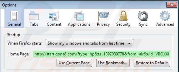 Verwijder start.qone8.com als startpagina in Mozilla Firefox