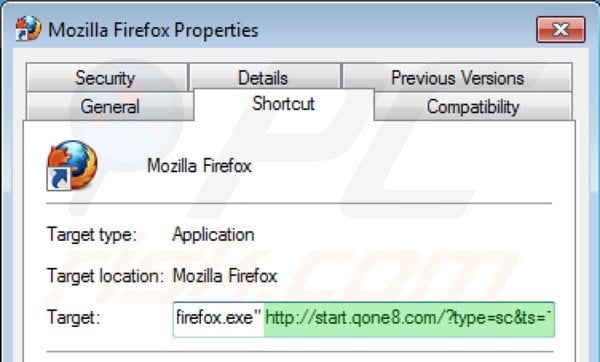 Verwijder start.qone8.com als doel van de Mozilla Firefox snelkoppeling stap 2