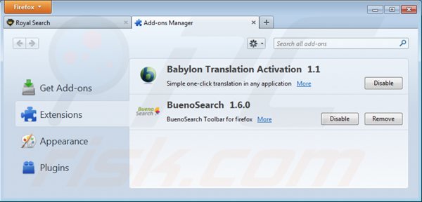 Verwijder de royal search toolbar uit de Mozilla Firefox extensies