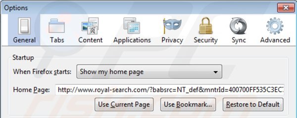 Verwijder royal-search.com als startpagina in Mozilla Firefox