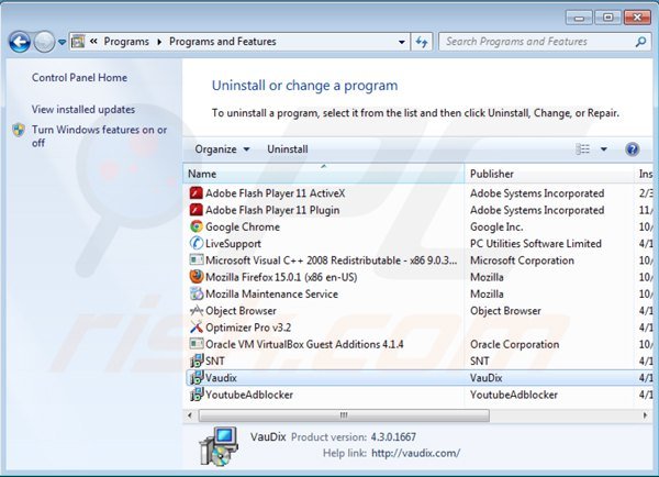 vaudix adware verwijdering via het Controle Paneel