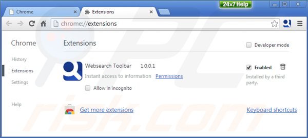 Verwijder de websearch werkbalk uit de Google Chrome extensies