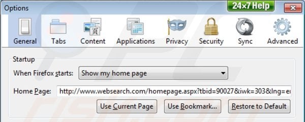 Verwijder websearch.com als startpagina in Mozilla Firefox