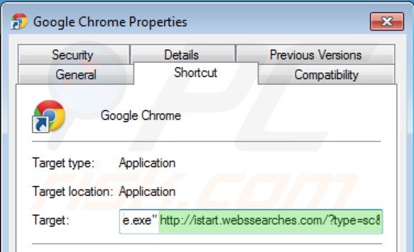 Verwijder istart.webssearches.com als doel van de Google Chrome snelkoppeling stap 2