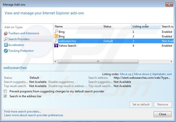Verwijder istart.webssearches.com als standaard zoekmachine in Internet Explorer