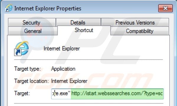 Verwijder istart.webssearches.com als doel van de Internet Explorer snelkoppeling stap 2