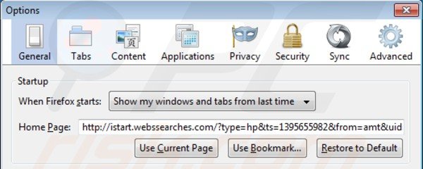Verwijder istart.webssearches.com als startpagina in Mozilla Firefox