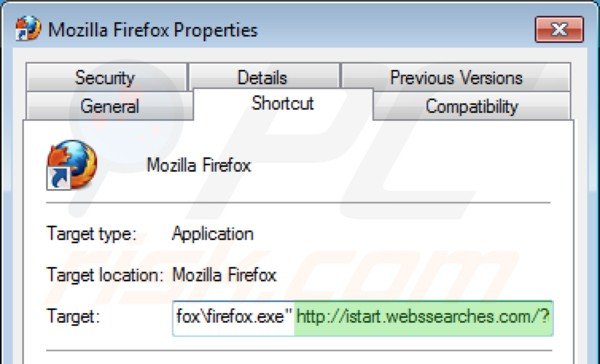 Verwijder istart.webssearches.com als doel van Mozilla Firefox snekoppeling stap 2