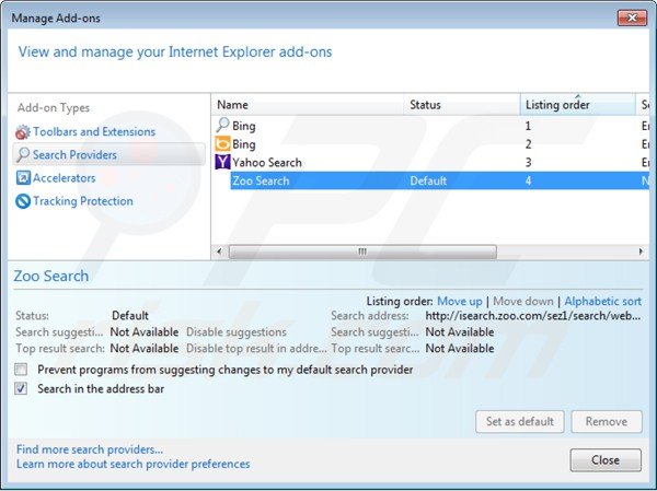 Verwijder isearch.zoo.com als standaard zoekmachine in Internet Explorer