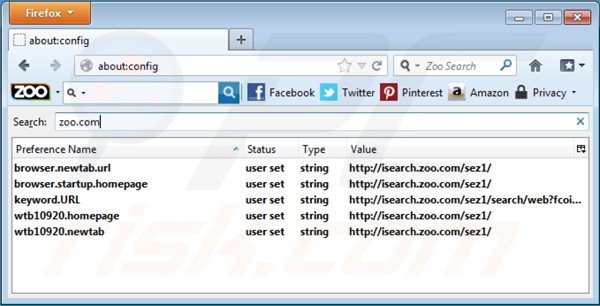 Verwijder isearch.zoo.com als standaard zoekmachine in Mozilla Firefox