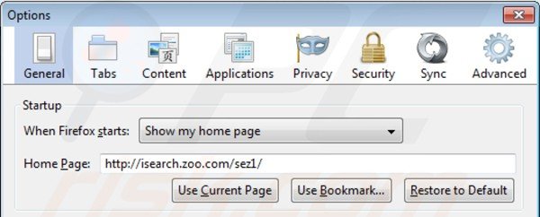 Verwijder isearch.zoo.com als startpagina in Mozilla Firefox