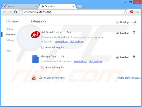 Verwijder deask social toolbar uit de Google Chrome extensies