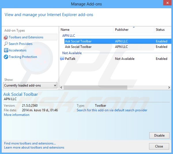 Verwijder ask social toolbar uit de Internet Explorer extensies