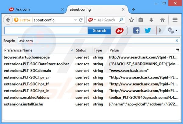 Removing ask social toolbar from Mozilla Firefox default search engine