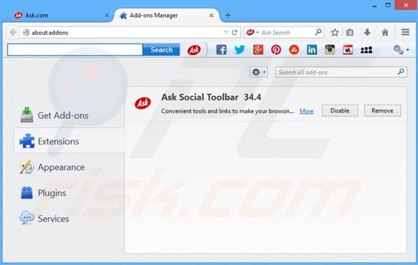 Verwijder de ask social toolbar uit de Mozilla Firefox extensies