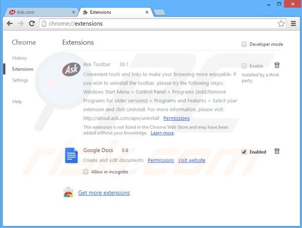 Verwijder aan ask-tb.com gerelateerde Google Chrome extensies