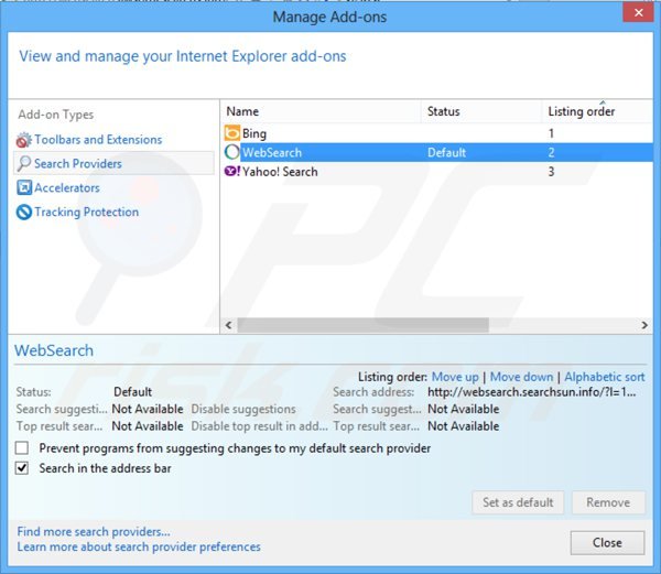 Verwijder websearch.awsomesearchs.info uit de standaard zoekmachine in Internet Explorer 