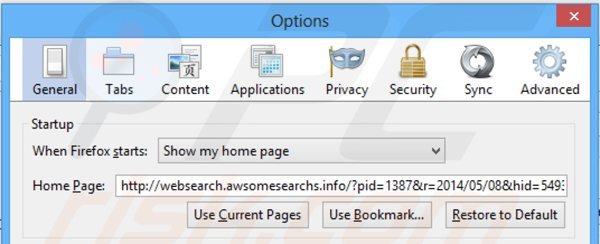Verwijder websearch.awsomesearchs.info als startpagina in Mozilla Firefox