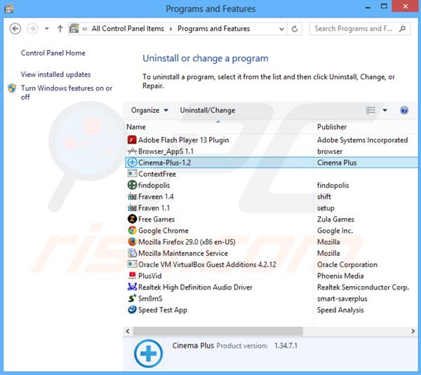 cinema-plus adware verwijdering via het Controle Paneel