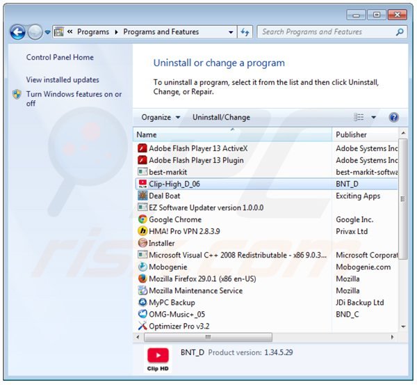 cliphd adware verwijdering via het Controle Paneel