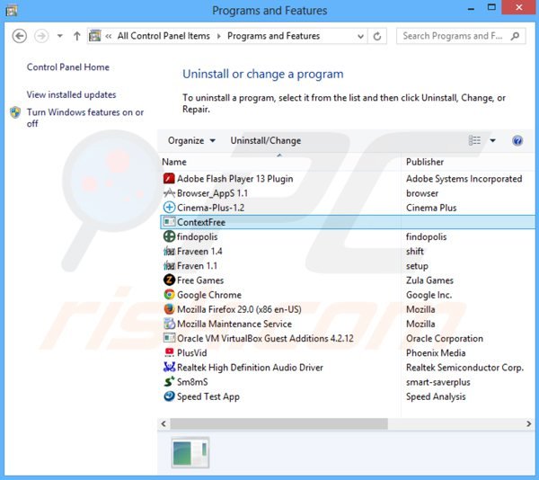 contextfree adware verwijdering via het Controle Paneel