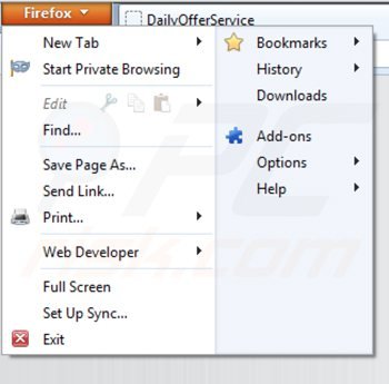 Verwijder dailyofferservice advertenties uit Mozilla Firefox stap 1