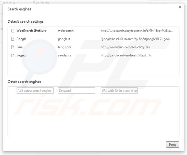 Verwijder websearch.eazytosearch.info als standaard zoekmachine in Google Chrome