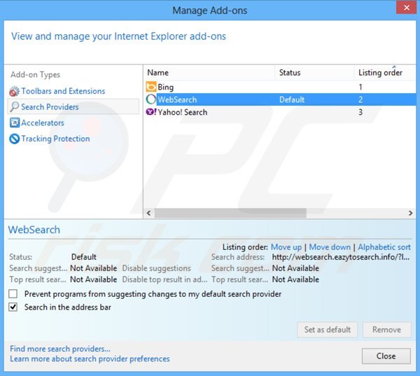 Verwijder websearch.eazytosearch.info als standaard zoekmachine in Internet Explorer 