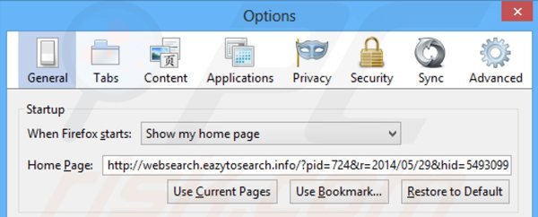 Verwijder websearch.eazytosearch.info als startpagina in Mozilla Firefox