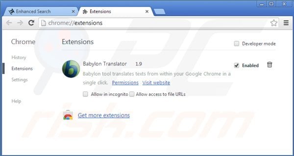 Verwijder aan enhanced-search.com gerelateerde Google Chrome extensies