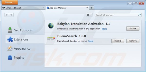 Verwijder aan enhanced-search.com gerelateerde Mozilla Firefox extensies